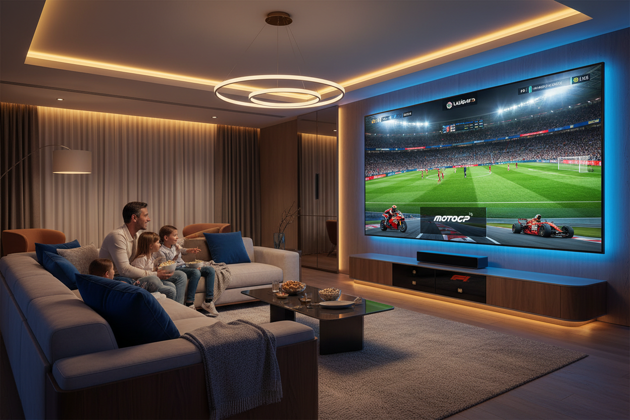 Familia disfrutando del deporte en la pantalla del salón con LALIGABARES Masmedia